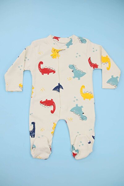 Lindakids Büyük Dinozor Desenli Bej %100 Pamuk Patikli Erkek Bebek Tulum