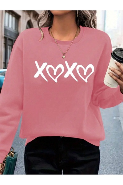 BEETON Χειμερινό φούτερ X Heart Thick - Ροζ εμπριμέ Oversize Crew Neck