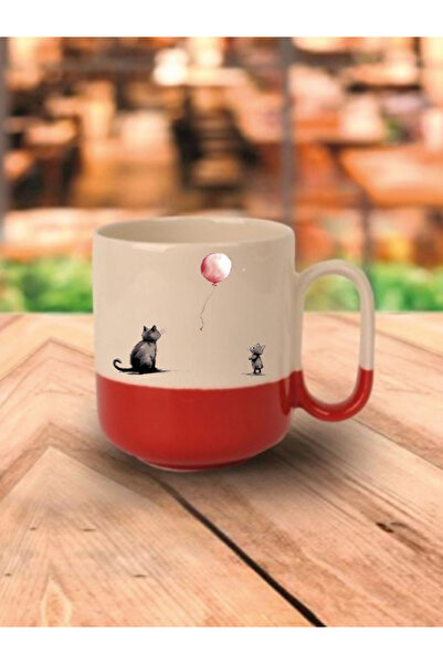 lili hediyelik كوب بقاعدة حمراء بتصميم قطة وبالون - كوب هدية من السيراميك للش...