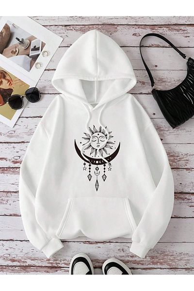 BEETON Sun Pattern 2 Thread Corded Thick Winter Sweatshirt - White Printed Oversize Hooded Hoodie