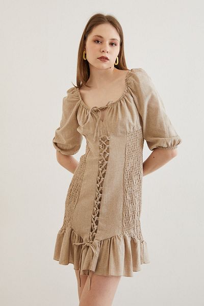 FASHION COCKTAIL Rochie cu corset în față din țesătură naturală de in, cu părți elastice pe umeri