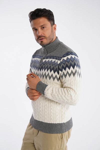Trist Star Men's Bone Stand Collar Zippered Hair Braided Jacquard Patterned Knitwear Wool Sweater Trist-5323