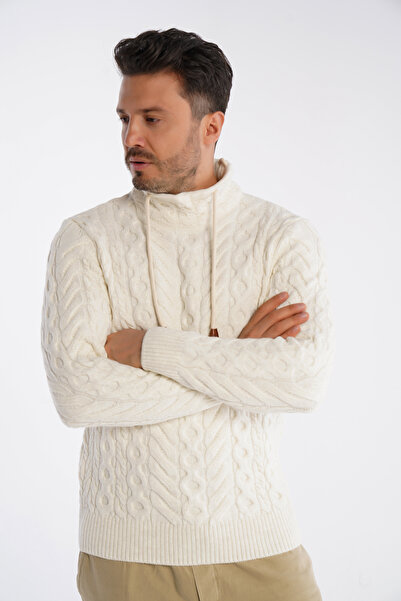 Trist Star Чоловічий светр з кістковим коміром, плетеним візерунком і вовняним капюшоном Trist-5322