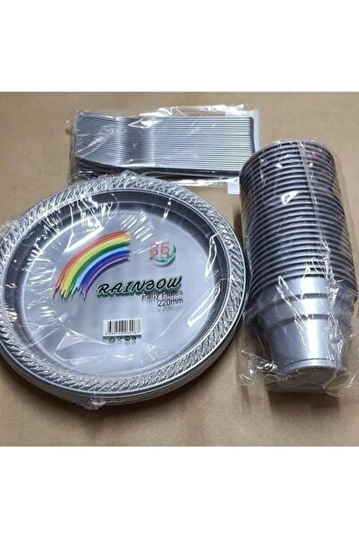 Party Country Plastik Gümüş Tabak Bardak Çatal Seti  25 Kişilik