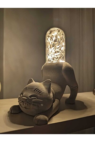 Duen Kedi Gece Lambası,Mumluk,Biblo,Işıklı Kedi (Beton)