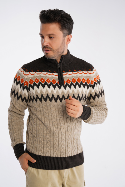Trist Star Мъжки вълнен пуловер от норка с яка стойка и цип, плетен с жакардов шарен мотив, Trist-5323