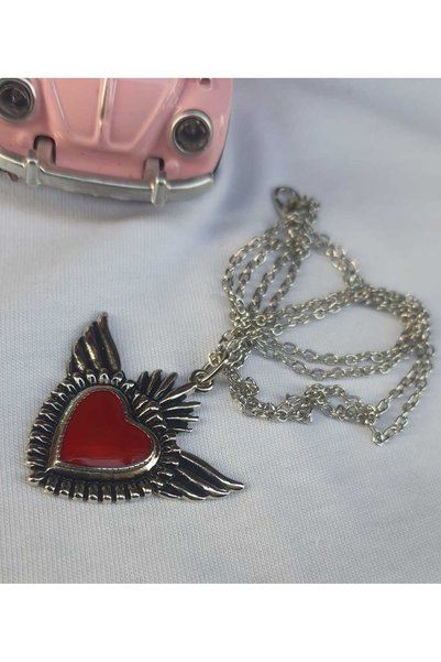 DÜKKAN DESİGN KIRMIZI MİNELİ HEART WINGS KOLYE