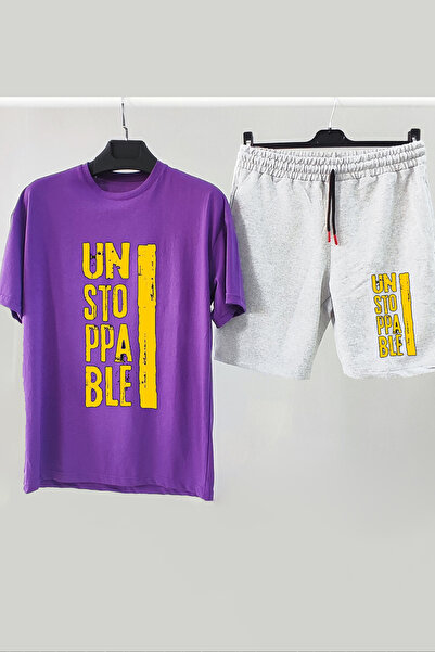 Vordevia تي شيرت أرجواني كبير الحجم مطبوع من Unstopabble مع مجموعة شورت رمادي