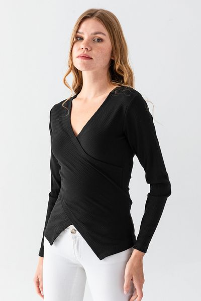 EtkiModa Bluză neagră de damă, cu guler dublu, cu șanțuri