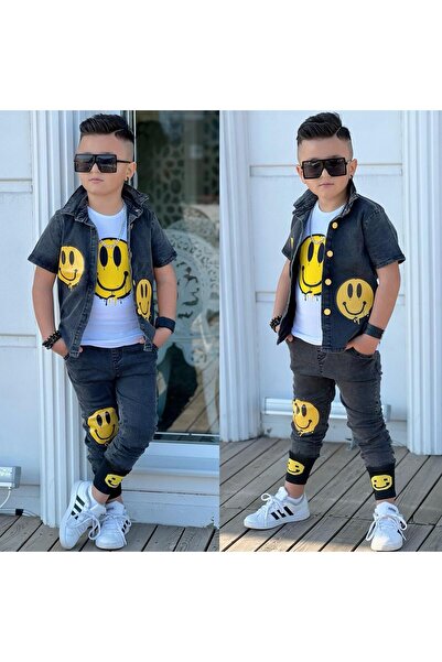 muzur kids Burçak Butik Emoji με τύπωμα Τζιν μπουφάν / με τύπωμα Τζιν παντελό...