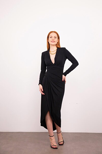 Sue Store Siyah Kruvaze Yaka Drapeli Yırtmaçlı Vatkalı Elbise