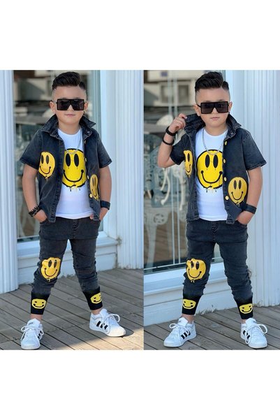 Generic Brand Burçak Butik Emoji مطبوع جاكيت جينز / مطبوع بنطلون جينز / مطبوع بادي طقم من 3 - Bayramlık
