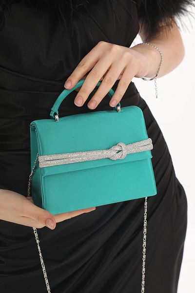 Piedra Green Color Satin Fabric Stone Accessory Magnetic Closure Shoulder Strap Available (Small Size)
