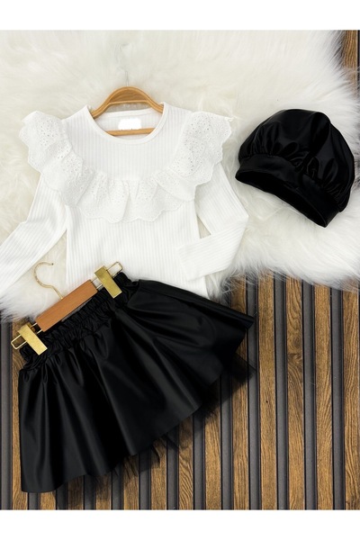 MİLANO KİDS Girl's Hat Leather Skirt Suit