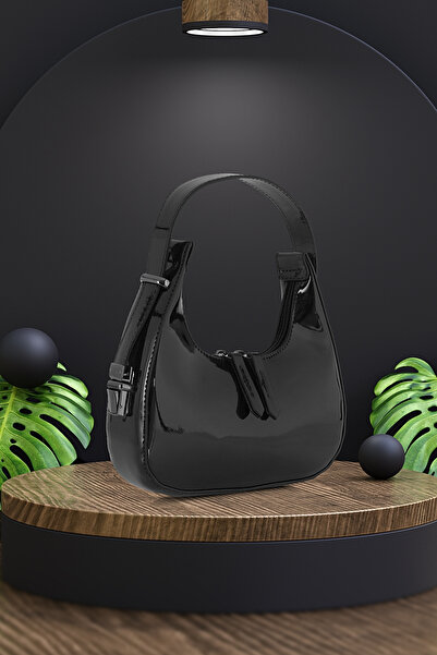 Tonny Black Original New Season Shiny Patent Leather Baguette Model Single Eyed Stylish Handbag and Shoulder Bag Black