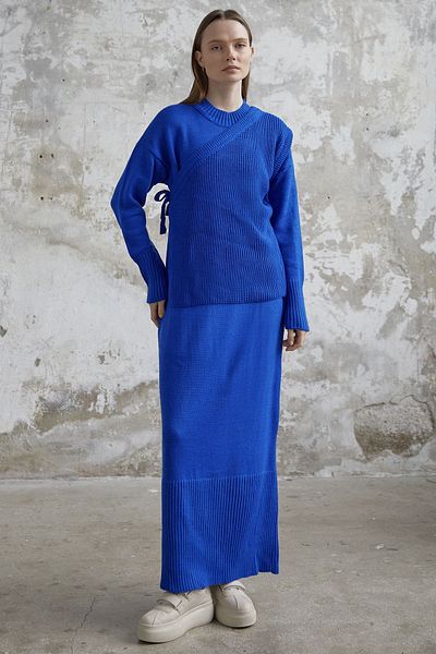 InStyle Πλεκτό φόρεμα με δέσιμο πουλόβερ - Saks Blue
