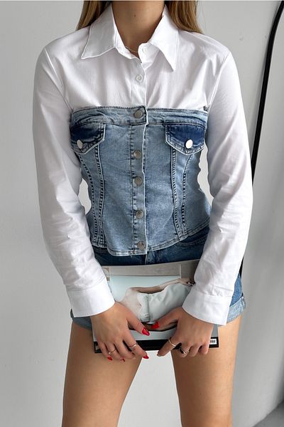 FEMELLE Women's White Button Detailed Denim Shirt