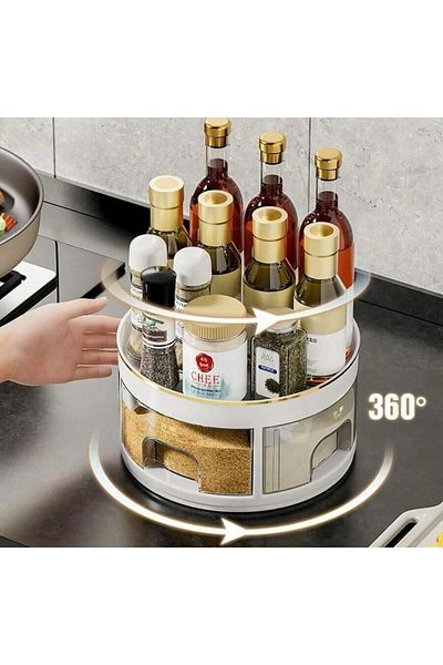 ATA life 360° Rotatable 2-Tier Kitchen Spice Rack Organizer and Organizer with Drawers Large Size
