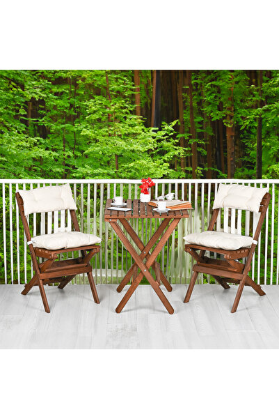 Bysay AHŞAP KATLANIR MİNDERLİ 3 lü BİSTRO SET MUTFAK BALKON BAHÇE MASA SANDALYE SETİ (CEVİZ-KREM)