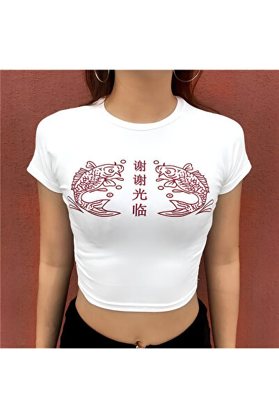 Gofeel White Fish Anime Text Detail Half T-Shirt Body Crop