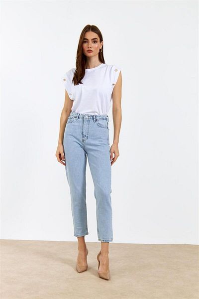 Geppetto Blue Mom Jeans Lycra Talie Înaltă Blue Snow Wash Blugi Mom Extra Confortabil