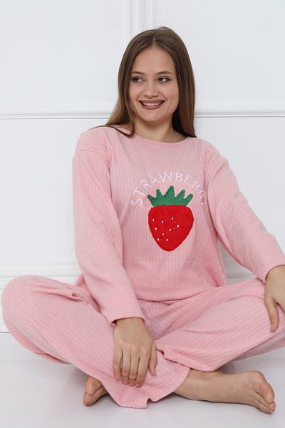 FAMES PİJAMA Strawberry Patterned Pink Women's Pajamas Set - Long Sleeve Interlock