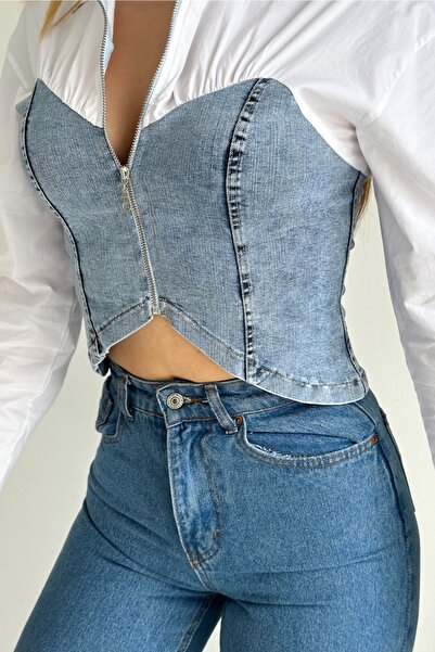 FEMELLE Woman's White Denim Denim Detailed Zippered Crop Shirt