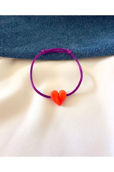 Atelier Çağla Murano Orange Glass Heart Beaded Purple Rope Bracelet