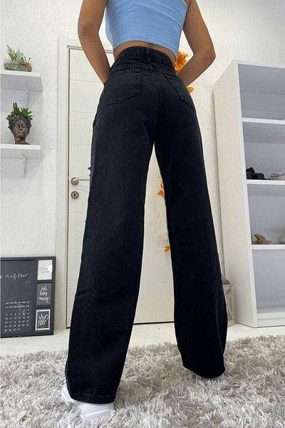 Geppetto Black Lycra Super High Waist Loose Jeans - Love Non-Fading, Wide Leg 2509