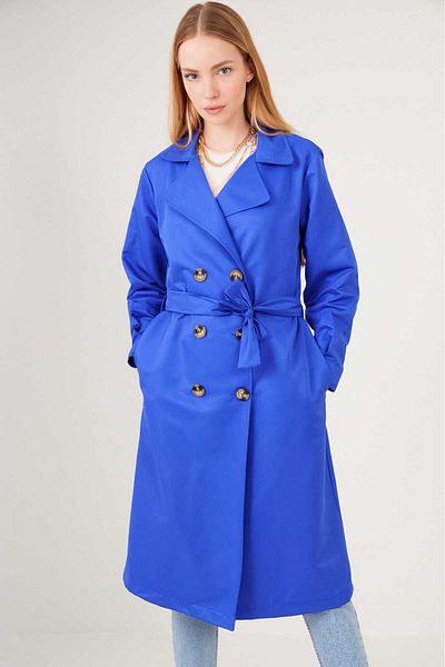 hazelin Women's Sax Double Breasted Collar Belted Unlined Seasonal Comfortable Trench Coat Hzl22s-bd158531