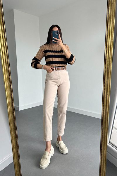 Geppetto Ψηλόμεσο Lycra Beige Mom Jeans Γυναικείο Τζιν - Boyfriend Cut