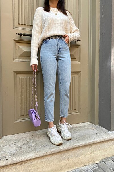 Geppetto Blugi elastici cu talie înaltă Blue Lycra Boyfriend - Blugi Mom Washed Snow