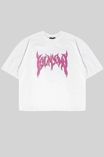 Sekizbiraltı Tricou oversize unisex alb cu imprimeu cu font stradal roz