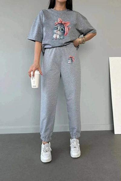 Modern Moda Χαριτωμένα αθλητικά παντελόνια και μπλουζάκια με στάμπα Little Cat - Jogger T-shirt, Crew Neck