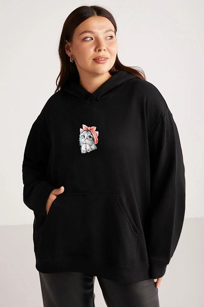 ZEMLİYA Black oversize cute cat printed oversize sweatshirt