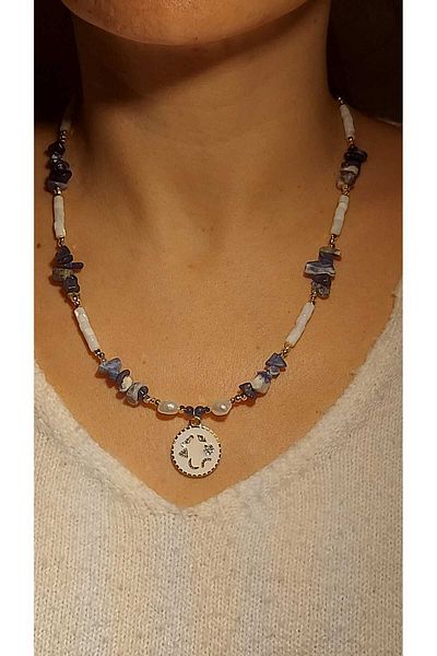 MSTR Art Lucky Charm / Symbol Necklace - Natural Stone, Pearlescent, Sodolite, Real Pearl, Glass Crystal, Charm Pendant.