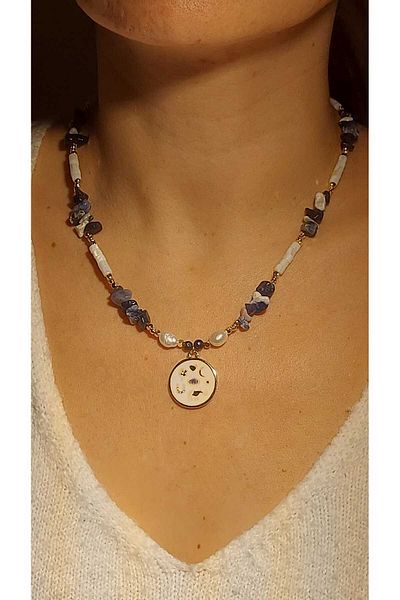 MSTR Art Lucky Charm / Symbol Necklace - Natural Stone, Pearlescent, Sodolite, Real Pearl, Glass Crystal, Charm Pendant.