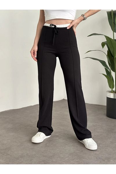 HARMONY GLOBAL Women's Waist Detailed Lace Up Transverse Neck Full Lycra Crepe Trousers 3837