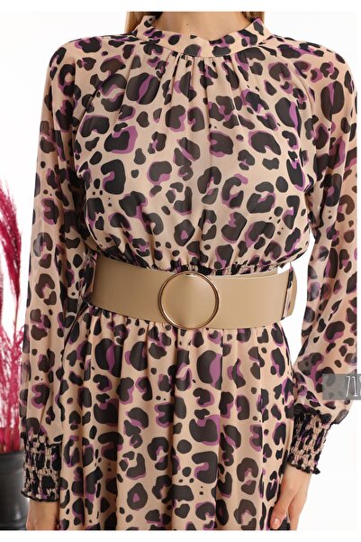 Miss Allos Γυναικείο φόρεμα σιφόν με επένδυση από σιφόν και μοντέρνο σχέδιο λεοπάρ 718