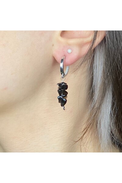 Elifsu Jewelry Obsidian Stone Natural Stone Earrings [Silver Color]