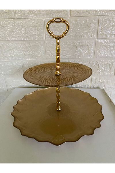 devigo 2 Tiers Round Presentation Rack 2 Tiers Gold Round Plate Presentation Stand