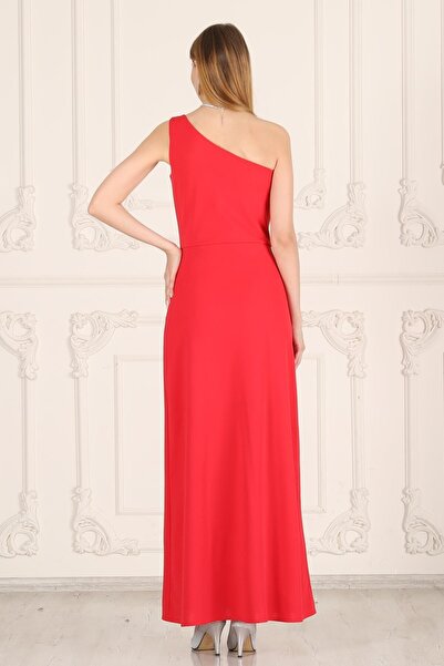 Seamoda One Shoulder Deep Slit Red Evening Dress