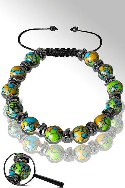 Tesbih Atölyesi Certified Natural Arizona Turquoise Stone Bracelet with Hematite - Adjustable