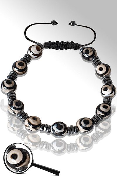Tesbih Atölyesi Certified Hematite Black and White Tibetan Agate Stone Bracelet - Eye Axil