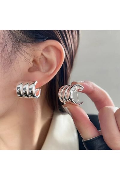Heppii Three Rows of Multiple Appearances Curved Steel Earrings Silver Color