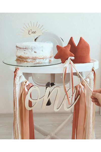 azecekids Wooden 1 Year Old Minimal Birthday Set Wand Crown Banner Cake Decoration Set of 4