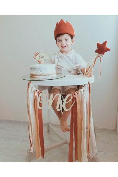 azecekids Wooden 1 Year Old Minimal Birthday Set Wand Crown Banner Cake Decoration Set of 4