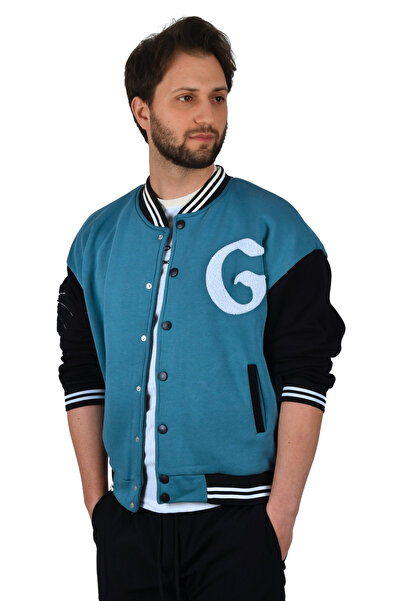 DeepSEA Men's Turquoise-Black Three-String G Embroidery Detailed Snap-On College Coat2304761