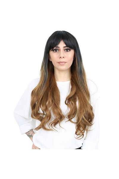 KONAK PERUK Long Wavy Fiber Wig with Bangs - Black / Caramel Ombreli