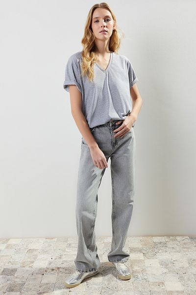 Trendyol Collection Gray Melange Oversize V-Neck Knitted T-Shirt TWOSS23TS00003